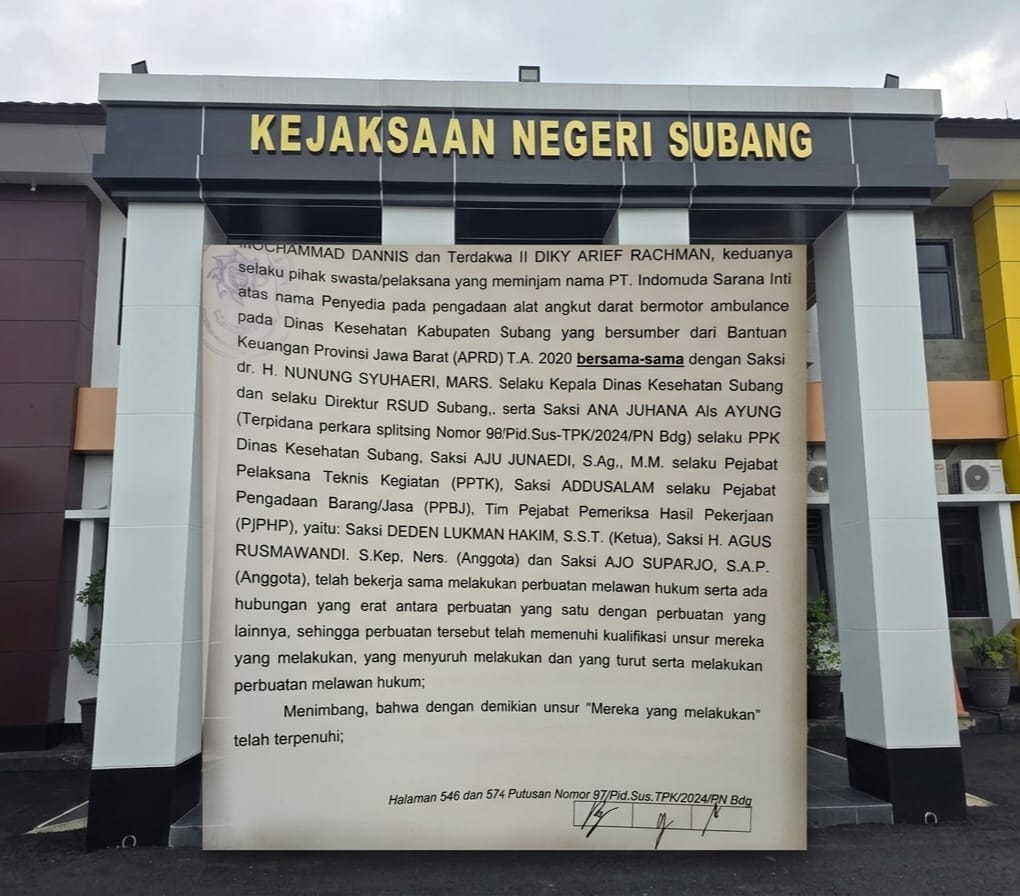 Kasus dugaan tindak pidana korupsi (tipikor) dalam pengadaan mobil ambulans di lingkungan Dinas Kesehatan (Dinkes) Kabupaten Subang memasuki babak baru. Kuasa hukum para terdakwa mendorong agar penanganan perkara tidak berhenti pada pelaksana teknis, tetapi diperluas hingga menyasar pihak-pihak yang memiliki kewenangan struktural.

Advokat Taufik H. Nasution bersama Hugo S.